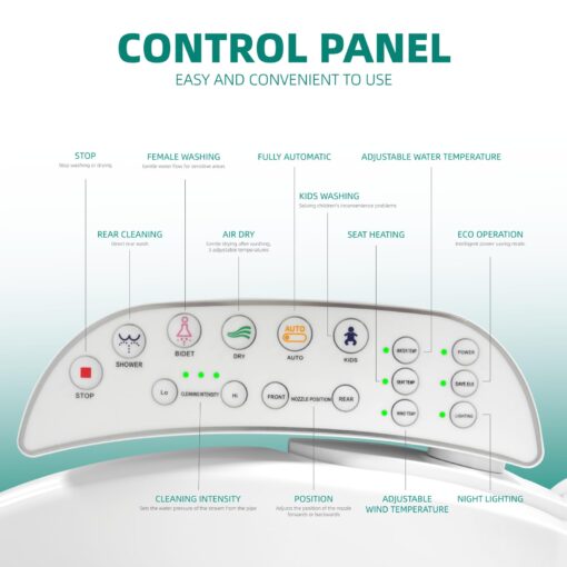Electric Bidet Toilet Seat, Warm Water Bidet for Rear and Front Washing, Self-Cleaning Nozzle, Elongated V-shaped Heated Toilet Seat with Dryer, Touch Panel, SoftClose Lid, LED Light and Deodorization - Image 5