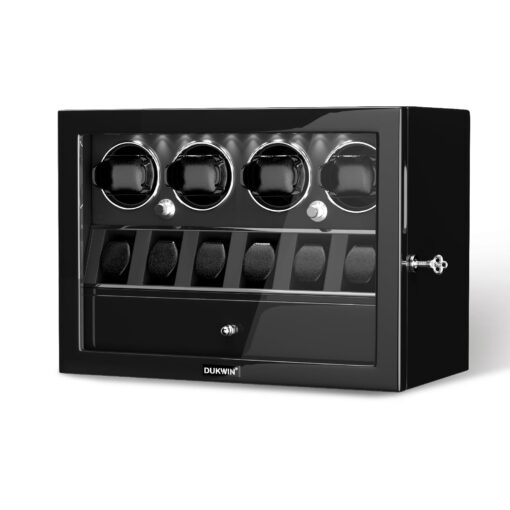 DUKWIN Watch Winder for 4 Automatic Watches, Watch Winders with Watch and Jewelry Storages, Super Quiet Mabuchi Motor with High-Gloss Piano Lacquer Finish,Built-in Illumination