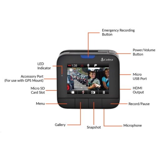 Cobra Dash Camera DASH2316D - 1080p Full HD Front Cam and 720p HD Rear Cam, 16GB MicroSD Included, iRadar Bluetooth Connectivity, Loop Recording, G-Sensor Auto Accident Detection, 2 Inch Screen, Black - Image 7