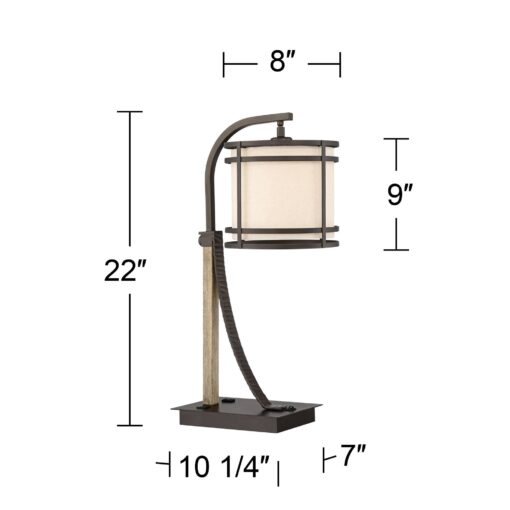 Franklin Iron Works Gentry Industrial Desk Table Lamp 22" High with USB and AC Power Outlet in Base Oil Rubbed Bronze Faux Wood Metal Cage Oatmeal Drum Shade for Bedroom Living Room House Desk - Image 7