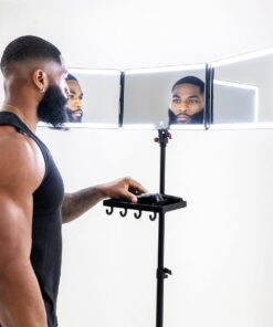 Self-Cut System Angel Lights Tripod 3-Way Mirror – Height Adjustable Trifold Barber Mirror to Cut Your Own Hair – Includes Attachable Clipper & Trimmer Tray