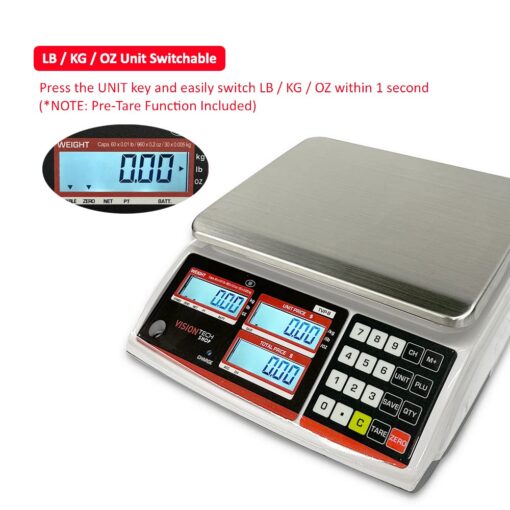 VisionTechShop TVP-60B Price Computing Scale, Lb/Oz/Kg Switchable, 60lb Capacity, 0.01lb Readability, NTEP Legal for Trade COC #19-038, NSF Certified - Image 6