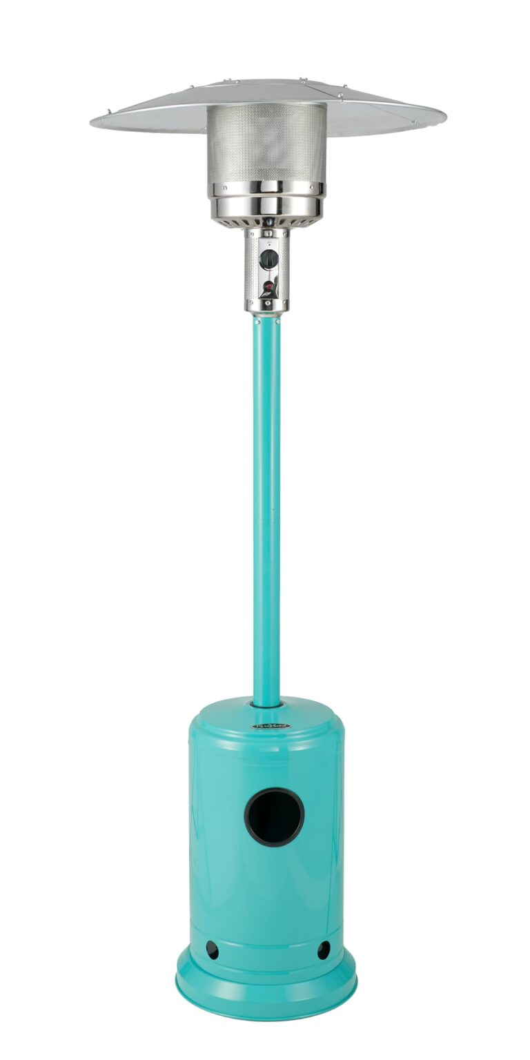 Fire Sense 61130 All Seasons Patio Heater With Wheels 46,000 BTU Output Electronic Ignition System Portable Outdoor Propane Heater Patio Heater - Aqua Blue