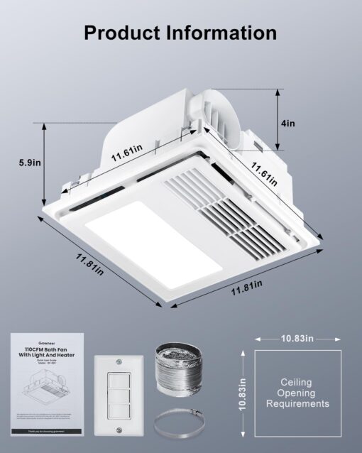 GROWNEER Bathroom Exhaust Fan with Heater, 110 CFM 1.5 Sone Exhaust Fan with Light, 35W Bathroom Fan with LED Light 2700K/3500K/5000K Adjustable, White (3-Color Adjustable) - Image 4