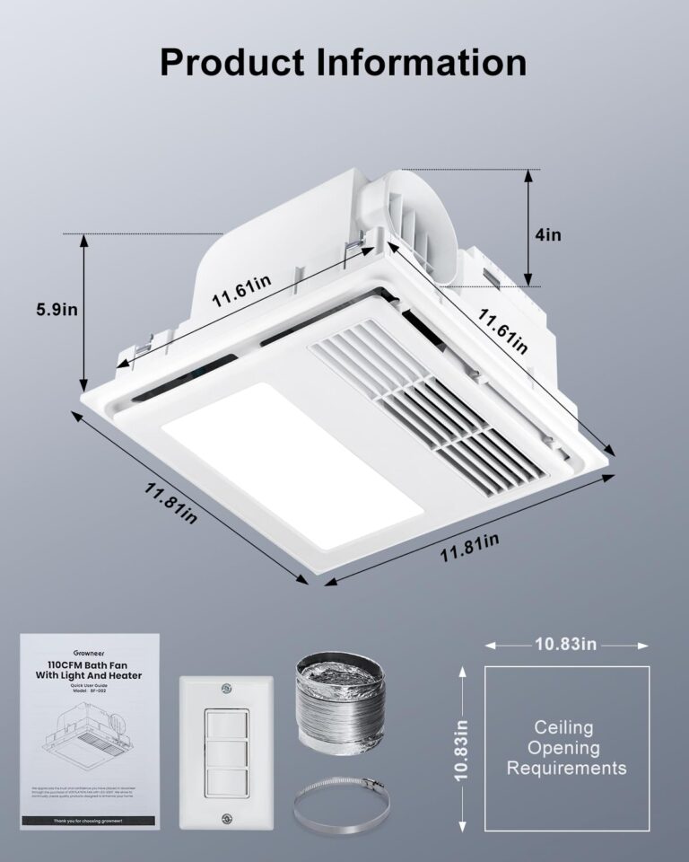 GROWNEER Bathroom Exhaust Fan with Heater, 110 CFM 1.5 Sone Exhaust Fan with Light, 35W Bathroom Fan with LED Light 2700K/3500K/5000K Adjustable, White (3-Color Adjustable) - Image 4
