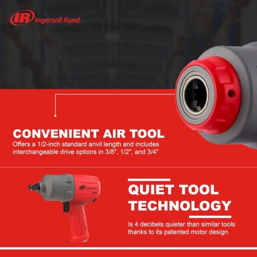 Ingersoll Rand 2236QTIMAX DXS2 1/2" Air Impact Wrench, Quiet, 1,500 ft-lb Torque, Titanium Hammer Case, Friction Ring Retainer, Pistol, Interchangeable Anvil, Multifunctional Tool - Image 7