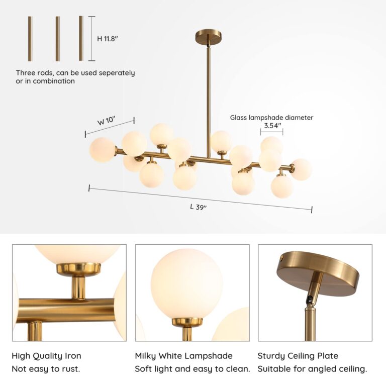 CROSSIO Mid Century Modern Gold Chandelier Rectangle Pendant Fixtures Linear Sputnik Chandeliers for Kitchen Island Dining Room Over Table - Image 4