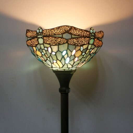 WERFACTORY Tiffany Floor Lamp Sea Blue Stained Glass Dragonfly Light 12X12X66 Inches Pole Torchiere Standing Corner Torch Uplight Decor Bedroom Living Room Home Office S147 Series - Image 6