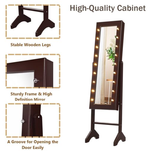 Giantex Standing Jewelry Armoire with 18 LED Lights Around the Door, Large Storage Mirrored Jewelry Cabinet with Full Length Mirror, 16 Lipstick Holders, 1 Inside Makeup Mirror (Brown) - Image 3