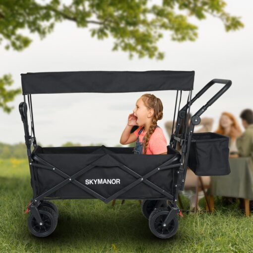 SKYMANOR Collapsible Wagon with Removable Canopy, 3-in-1 Heavy Duty Garden Cart with Big All-Terrain Wheels, Brakes, Adjustable Push Pull Handle, Cooler Bag, 300LBS Wagon Cart for Camping (Black) - Image 4
