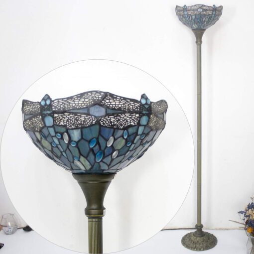 WERFACTORY Tiffany Floor Lamp Sea Blue Stained Glass Dragonfly Light 12X12X66 Inches Pole Torchiere Standing Corner Torch Uplight Decor Bedroom Living Room Home Office S147 Series - Image 5