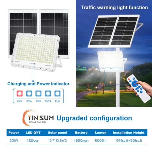 TINSUM 500W Solar Led Flood Lights Outdoor, 28000 Lumens Solar Security Street Lights Dusk to Dawn 1920LED with Remote White Led for Parking Lot,Stadium,Yard,Swimming Pool, Pathway,Flag Pole - Image 5