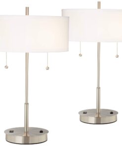 360 Lighting Nikola Modern Accent Table Lamps 23.75" High Set of 2 with Hotel Style USB and AC Power Outlet Slim Silver White Drum Shade for Living Room Desk Bedroom House Bedside Nightstand