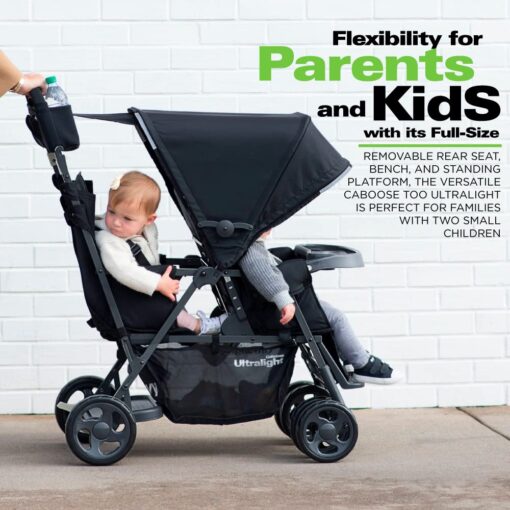 Joovy Caboose Too Ultralight Graphite Stand-On Double Stroller with Universal Car Seat Adapter, 3-Way Reclining Seats, Option to Use Rear Seat, Bench Seat, or Standing Platform - Image 3