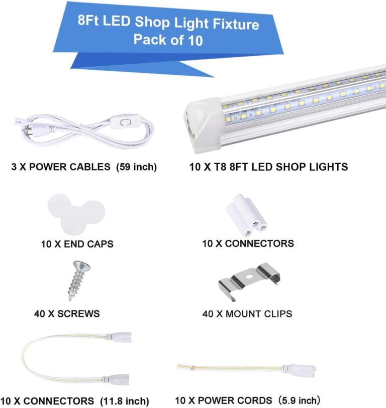 Henwsi 8FT LED Shop Light Fixture, White 10 Pack T8 Integrated Tube Lights, 72W 9500LM 6500K High Output Clear Cover, V Shape 270 Degree Lighting for Garage Warehouse, Upgraded Lights Plug and Play - Image 7