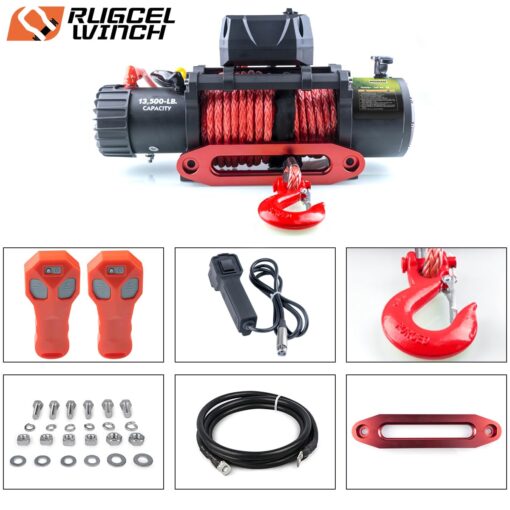 RUGCEL WINCH 13500lb Waterproof Electric Truck Winch 12V Synthetic Rope Jeep Winch with Hawse Fairlead,Wired Handle and 2 Wireless Remote,for Trailer and Wrangler in Car Lift - Image 7