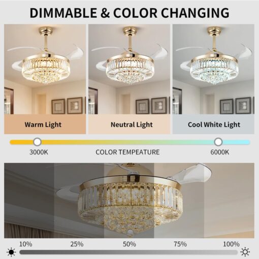 42'' Fandelier Ceiling Fans with Light, Chandelier Ceiling Fan, Retractable Crystal Ceiling Fan for Bedroom, Living Room, 3 Color Change, LED Dimmable, 6 Speeds, Reversible DC Motor-Gold - Image 9