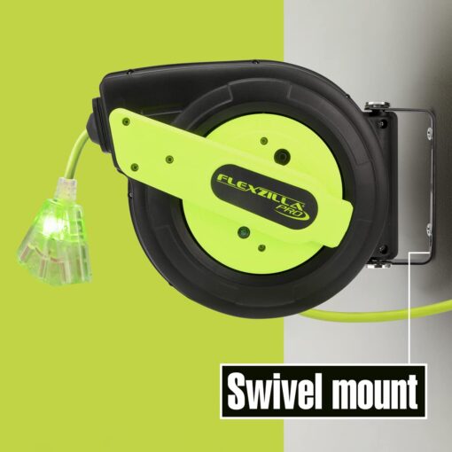 Flexzilla Retractable Extension Cord Reel, 12/3 AWG SJTOW Cord, 60', Grounded Triple Tap Outlet, ZillaGreen, FZ8120603 - Image 3