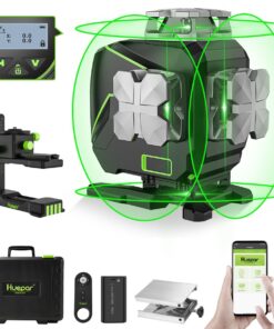 Huepar Laser Level 360 Self Leveling, 4x360° Green Cross Line Laser with LCD Screen, 4D Bluetooth Outdoor Pulse Mode Laser Tool for Construction -Remote Control, Li-ion Battery or 4 AA Batteries-S04CG
