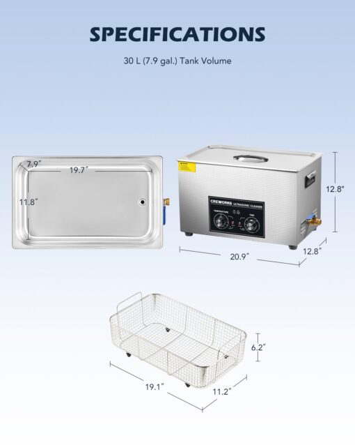 CREWORKS 30L Ultrasonic Cleaner with Heater & Timer, 600W 304 Stainless Steel Sonic Cleaner, 7.9 gal Ultrasonic Parts Cleaner with Knobs, Professional Lab Ultrasonic Cleaner for Auto Tool Machine Part - Image 3