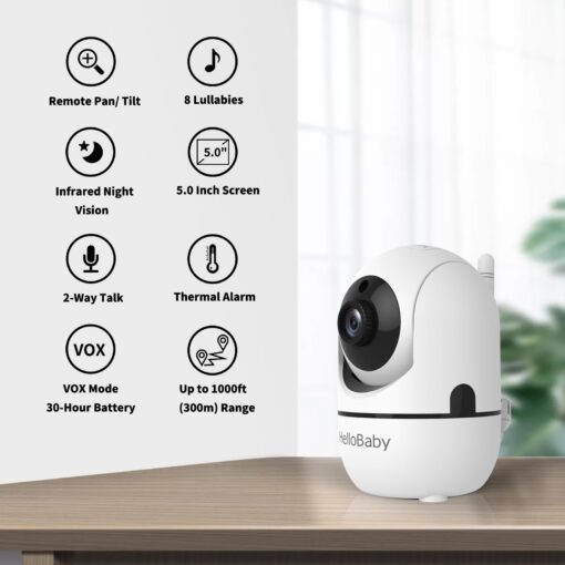 HelloBaby HB6550 5" Baby Monitor 3 Cameras, 26-Hour Battery, Pan-Tilt-Zoom,1000ft Range Video Audio Baby Monitor No WiFi, ECO, Night Vision, 2-Way Talk, 8 Lullabies and Temperature, Ideal Gifts - Image 4