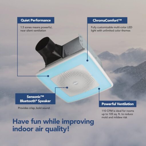 Broan-NuTone SPK110RGBL ChromaComfort Bathroom Exhaust Fan, 110CFM/1.5 Sones, with Sensonic Bluetooth Speaker and 24-color LED Light, Wall Switch included, White - Image 7
