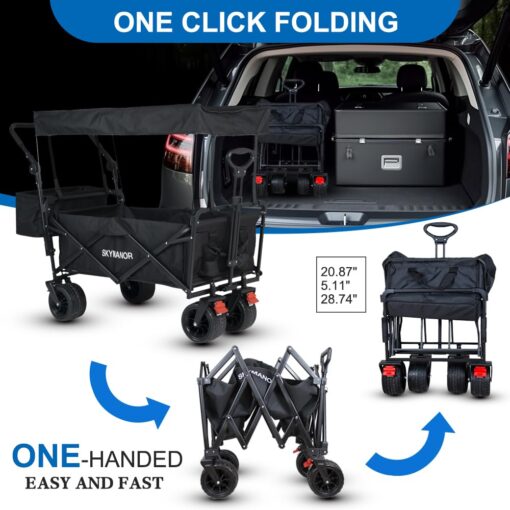 SKYMANOR Collapsible Wagon with Removable Canopy, 3-in-1 Heavy Duty Garden Cart with Big All-Terrain Wheels, Brakes, Adjustable Push Pull Handle, Cooler Bag, 300LBS Wagon Cart for Camping (Black) - Image 3