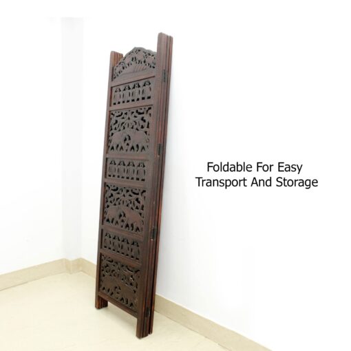 Room Divider Wood Screen - Elephant Hathi Walnut Brown - 4 Panel Fording 72x80 - Intricate Carved Room Décor Boho Portable Partition Privacy Screen Small Spaces Reversible Freestanding - COTTON CRAFT - Image 2
