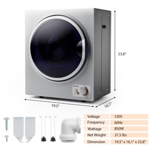 COSTWAY GT-10222US-SL-FPCY, 110V Electric Portable Clothes Stainless Steel Tub, Panel Downside Easy Control for 4 Automatic Drying Mode Compact Laundry Dryer, Silver - Image 4