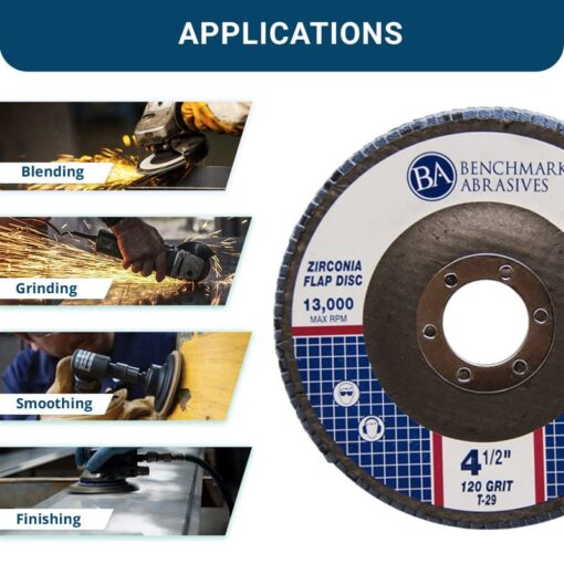 Benchmark Abrasives 4.5" x 7/8" Premium Zirconia T29 Curved Flap Discs 4 1/2 for Angle Grinder, Sanding Discs, Finishing, Rust, Stock Removal- Grinding Wheels 4 1/2 Inch (100 Pack) - 120 Grit - Image 4