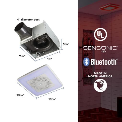 Broan-NuTone SPK110RGBL ChromaComfort Bathroom Exhaust Fan, 110CFM/1.5 Sones, with Sensonic Bluetooth Speaker and 24-color LED Light, Wall Switch included, White - Image 6