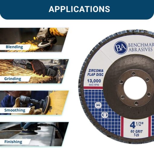 Benchmark Abrasives 4.5" x 7/8" Premium Zirconia T29 Curved Flap Discs 4 1/2 for Angle Grinder, Sanding Discs, Finishing, Rust, Stock Removal- Grinding Wheels 4 1/2 Inch (100 Pack) - 60 Grit - Image 4