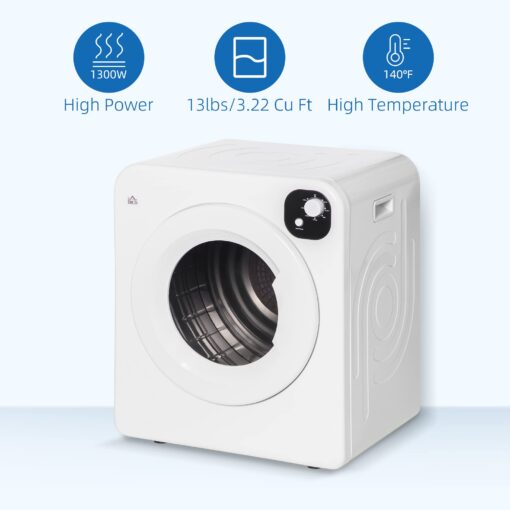 HOMCOM Portable Clothes Dryer, 120V 1300W Compact Laundry Dryer with Intelligent Drying, 3.2 cu.ft Stainless Steel Drum, Front Load Electric Dryer for Apartments, Dorms, RVs, White - Image 3