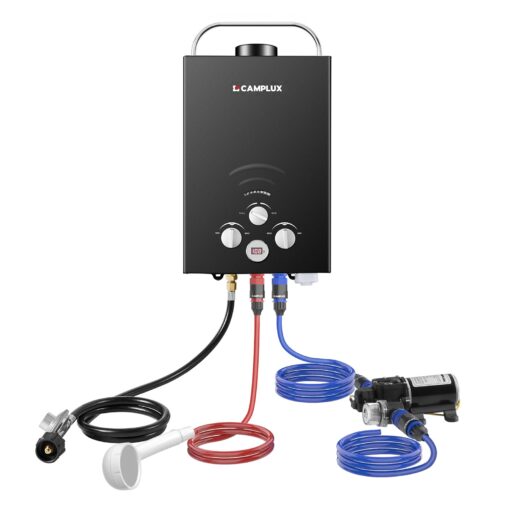 CAMPLUX Portable Water Heater,1.58 GPM Propane Water Heater Outdoor,41,000 BTU Camping Water Heater with 1.6 GPM Water Pump Pack，BW158GP60, Black