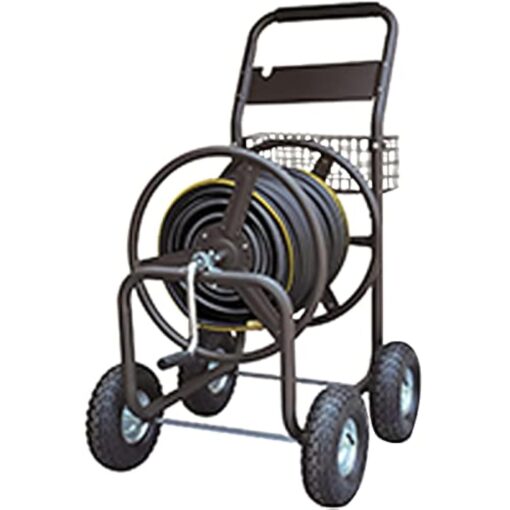 Rocky Mountain Goods Garden Hose Reel Cart - Holds up to 400 feet of 5/8” Hose - Slide Hose Guide System - Heavy Duty Metal Holder - 6 ft leader water hose included - Storage Basket - 10” Steel Wheels