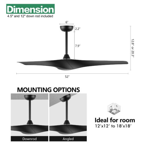 WINGBO 52" DC Ceiling Fan with Lights and Remote, Matte Black Ceiling Fan, 3 Curved ABS Blades, 6-Speed Reversible DC Motor, Modern Ceiling Fan for Kitchen Bedroom Living Room, ETL Listed - Image 8