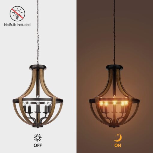 17.7" Modern Farmhouse Geometric Chandelier Light Fixture, 5-Light Adjustable Height Rustic Hanging Pendant Lighting for Dining Room Foyer Kitchen Island, ‎Retro Wood Texture and Black Finish - Image 5