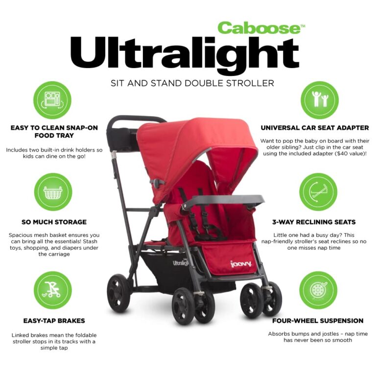 Joovy Caboose Ultralight Sit and Stand Double Stroller with Rear Bench and Standing Platform, 3-Way Reclining Seats, Optional Rear Seat, and Universal Car Seat Adapter (Red) - Image 4