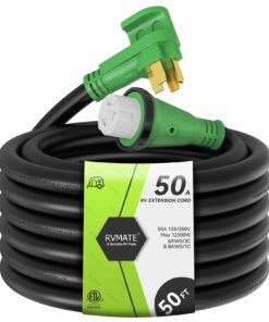 RVMATE 50 Amp 50 Feet RV Lockable Power Extension Cord, Easy Plug in Handle, 14-50P to SS 2-50R with LED Indicator, ETL Listed