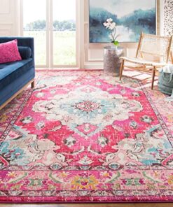 SAFAVIEH Monaco Collection Area Rug - 8' x 10', Pink & Multi, Boho Chic Medallion Distressed Design, Non-Shedding & Easy Care, Ideal for High Traffic Areas in Living Room, Bedroom (MNC243D)