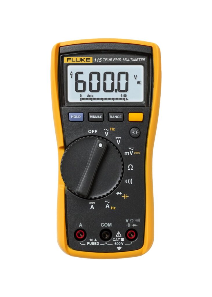 Fluke 115 Digital Multimeter, Measures AC/DC Voltage To 600 V & Current to 10 A, Measures Resistance, Continuity, Frequency & Capacitance, Includes Battery, Holster & 4mm PVC-Insulated Test Lead