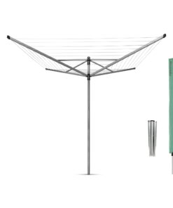 Brabantia Lift-O-Matic Outdoor 4 Arm Clothesline (197 ft/Ø 1.8") Height Adjustable, Folding Clothes Drying Rack + Ground Spike & Cover (Gray)