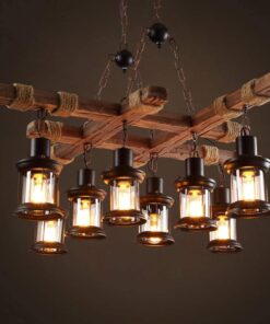 8 Lights Industrial Wooden Hanging Lighting Black Metal Chandelier Farmhouse Vintage Pendant Lamp Glass Lampshade for Pool Table Kitchen Island Bar Retro Ceiling Light Height Adjustable Fixture