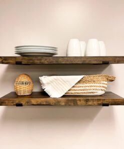 Rustic Shelves with J-Brackets Set of 2, Industrial Shelf, Kitchen Shelves, Solid Wood, Decorative Wall Storage, Heavy Duty, URBANDI (Dark Brown, 24Wx8D)