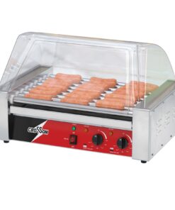 CROSSON Hot Dog 9 Roller Grill Cooker Machine with Transparent Sneeze Guard,9 Nonstick 304SS Rollers and Dual Temp Control,Commercial Hot Dog Cooker Machine-120V, 1350W