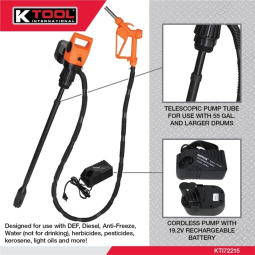 K Tool International 72215 Electric Drum Pump with 19.2V Rechargeable Battery for Garages, Repair Shops, and DIY, Telescoping, 7.4 GPM, 410 Liters per Charge, DEF, Diesel, Water, or Oil, 2" Bung - Image 9