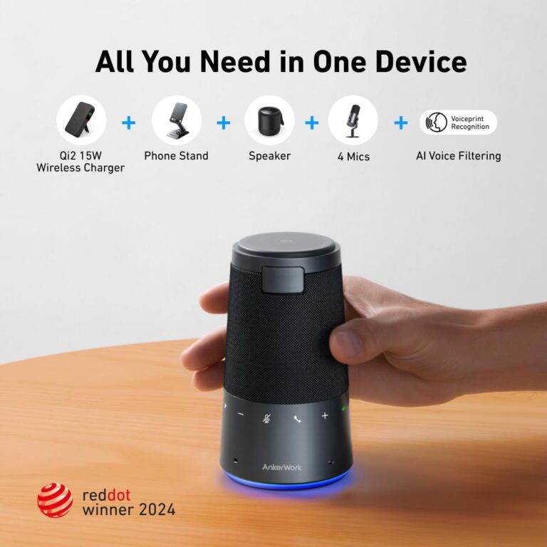 AnkerWork S600 by Anker All-in-One Speakerphone, Bluetooth Speaker Microphone, Qi2 15W Wireless Charging, AI Noise Cancelling, 70° Adjustable Magnetic Phone Stand, 360° Sound, 16H Built-in Battery - Image 6