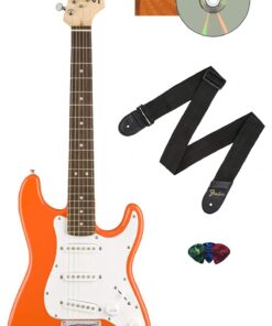 Fender Squier 3/4 Size Kids Mini Strat Electric Guitar - Competition Orange Bundle with Strap, Picks, Fender Play Online Lessons, and Austin Bazaar Instructional DVD
