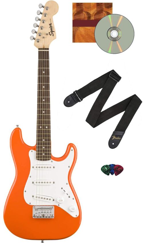 Fender Squier 3/4 Size Kids Mini Strat Electric Guitar - Competition Orange Bundle with Strap, Picks, Fender Play Online Lessons, and Austin Bazaar Instructional DVD