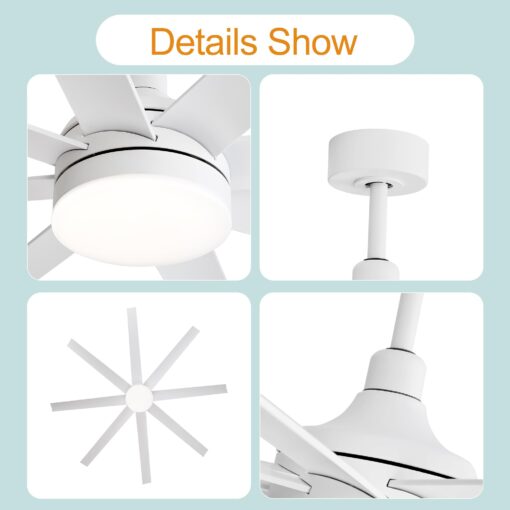 Breezary 65 Inch Ceiling Fan with Light and Remote, 8-Blade, Reversible DC Motor, 6-Speed, Timer, Industrial Ceiling Fans with Led Light Chandelier for Bedroom Office (White) - Image 4